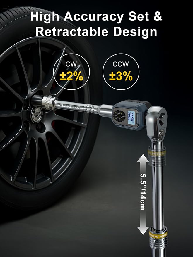 GROWNEER Torque Wrench with Adapter Set, 7.3-250.8 Ft-lbs / 10-340Nm, 1/2“ Drive Retractable 90 Tooth Click Wrench, Electronic Digital Torque Wrench Adapter with Buzzer & LED Indicator