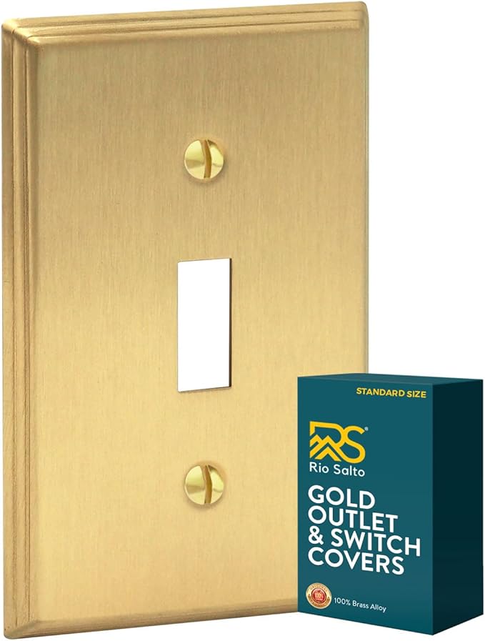 Rio Salto Brass Deco Collection Gold 1-Gang Toggle Light Switch Plate Standard Size 4.5" x 2.75" Flip Switch, Heavy-Gauge Decorative Wall Plate Covers, Modern Luxury Premium Metal Cover