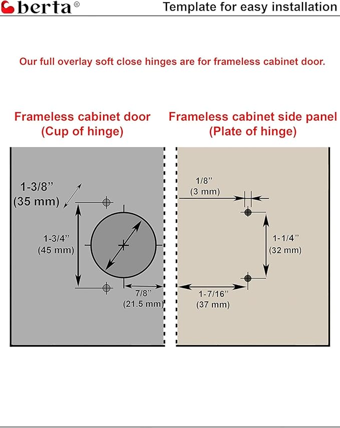 Berta 2-Pack Full Overlay Frameless Soft-Close European Hinges, 110° 3D Adjustable, Clip-On Concealed Kitchen Cabinet Door Hinges with Screws - Ideal for Modern Cabinets