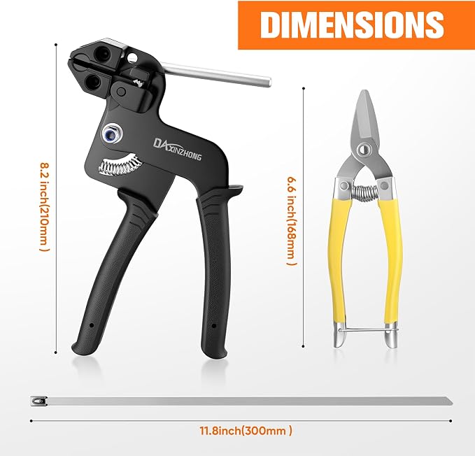 Heavy Duty 304 Stainless Steel Cable Tie Gun Kit - 100PCS 11.8" Metal Zip Ties (200LBS) + Industrial Scissors, UV Resistant Tool - Fence Ties, Exhaust Pipe, Chicken Coop, Industrial Use