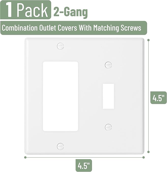 Bates- Combination Wall Plate, Toggle Switch/Decorator, White, 4.88"x4.90"/Mid-Size, 2 Gang Wall Plate