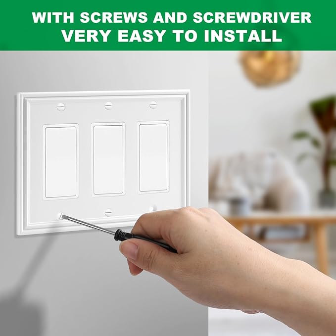 White Modern Decorative Wall Plate Light Switch Cover Decorator Outlet Covers Rocker Switch Plates Bamboo Fiber Material Wall Plates for Kitchen Bathroom (3 Gang Triple Decorator-1 Pack)