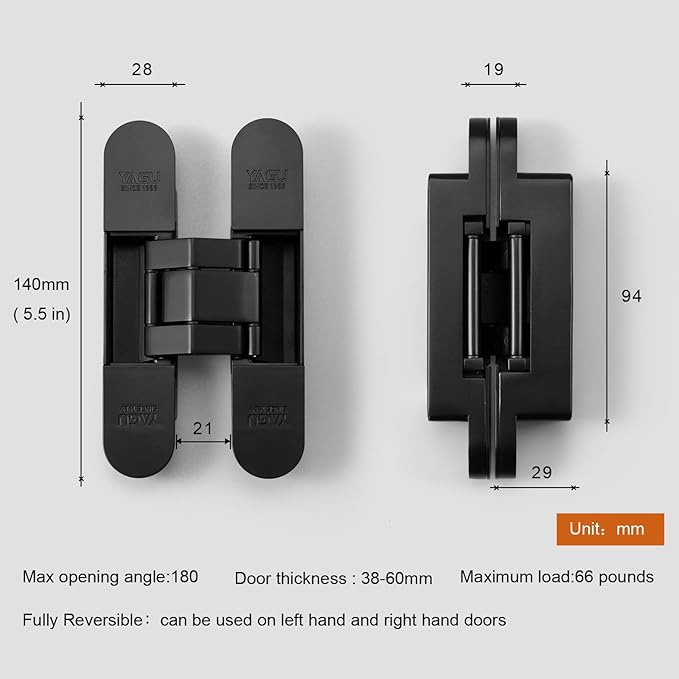 YAGU 5.5 inch 3 Way Adjustable Invisible Hinges Hidden Door Hinges Concealed Hinges Zinc Alloy 180 Degree Swing Hinge Butt Hinge Matte Black (1 Piece)