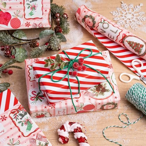 WRAPAHOLIC Reversible Christmas Wrapping Paper - Mini Roll - 17 Inch x 33 Feet - Pink & Red Classic Christmas Decor and Stripes Wrapping Paper for Xmas Holiday, Party Celebration