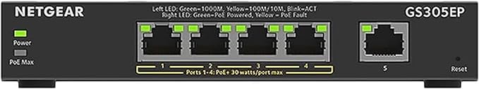 NETGEAR 5 Port PoE Gigabit Ethernet Easy Smart Managed Essentials Switch (GS305EP) - with 4 x PoE+ @ 63W, Desktop or Wall Mount