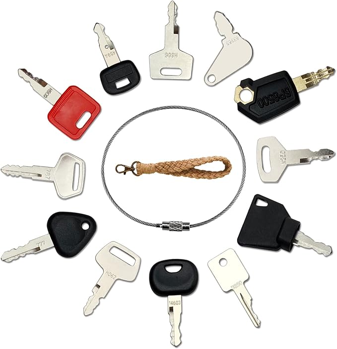 12 Heavy Construction Equipment Ignition Key Set for Caterpillar Case JD Hyster Komatsu Hitachi JCB Takeuchi Kubota Hyundai Kobelco Volvo, Comes with Keychain, Wrist Strap