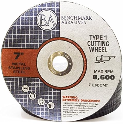 Benchmark Abrasives 7 Inch Aluminum Oxide Thin Type 1 Grinder Cut Off Wheels for Metal and Stainless Steel .045" Thick 7/8" Arbor, Angle Grinder Cutting Disc, Grinding Cutting Wheel - 25 Pack
