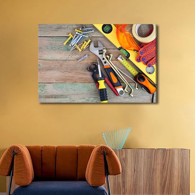 Large Wall Art for Living Room Orange Tool Theme Set of Various Construction Tools on a Wooden Background Top View Poster Canvas Supermarket Hotel Tool Room Hardware Store Wall Decor 1pcs (24"Wx36"H)