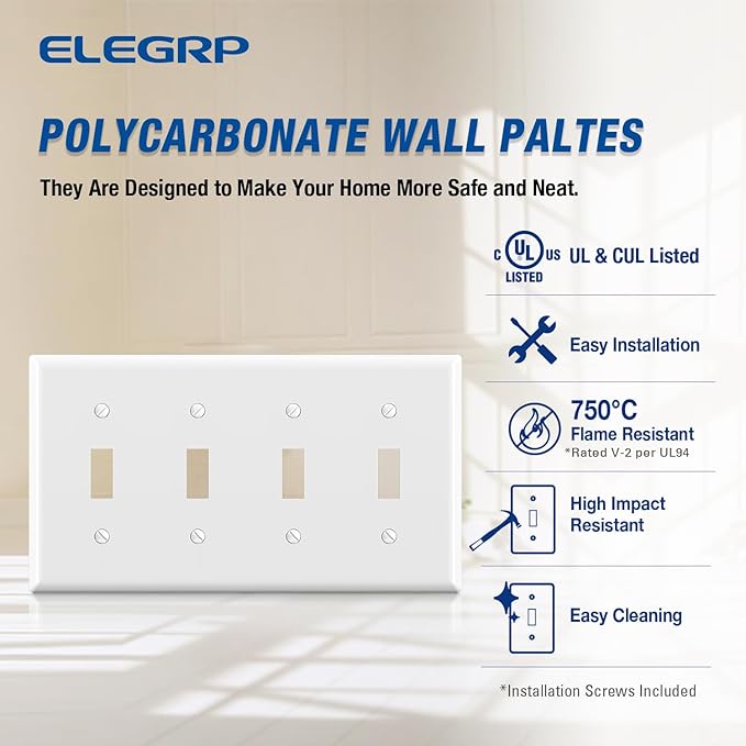 ELEGRP Toggle Light Switch Wall Plate, 4-Gang Standard Size Switch Covers, Unbreakable Polycarbonate Replacement Faceplates Covers, UL Listed, Color-matched Screws Included (2 Pack, Glossy White)