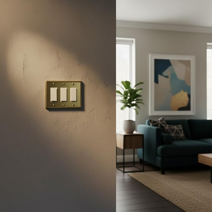 Rio Salto Outlet Covers Duplex Receptacle Wall Plate Electrical Outlet Cover 5 Pack 1 Gang BRASS Brushed Brass Gold Metal Decorative Wall Plates — Deco Collection, Standard Size, 4.50" X 2.75"