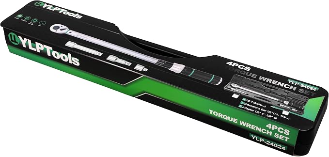 4-Piece Torque Wrench Set – 1/2" Drive Click Torque Wrench (25–250 ft-lb), 3/8" Adapter, 3" & 5" Extension Bars, ±3% Accuracy, Chrome Vanadium Steel, Includes Storage Case