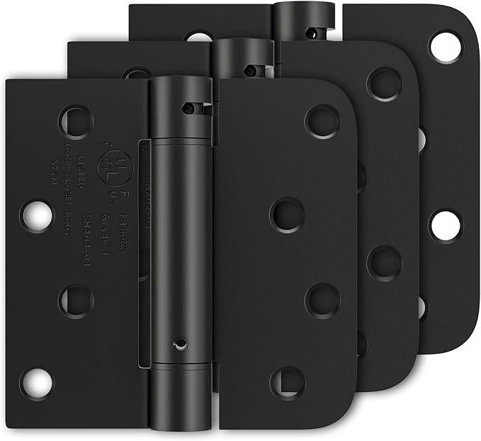 Luxbaro 3 Pack Self Closing Door Hinges 4 Inch, Matte Black Spring Loaded Hinges with Square & 5/8" Radius Corners, Adjustable Tension for Garage, Front Door, for Left and Right Hand Door, UL Listed
