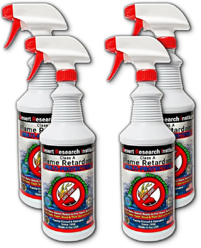 Fire Retardant Spray Liquid Solution (Class A for Natural Textiles, Raw Wood, Absorbent Materials & More) Eco-Safe, Non Toxic, C.A.C. Title-19, 4 Pack of One Quart with One Sprayer each-128 oz