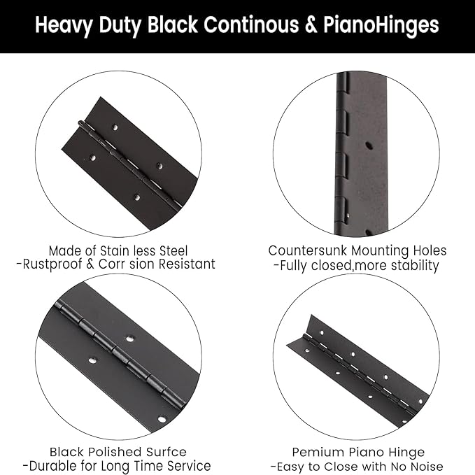 10 Inch Black Continuous Piano Hinges 2 Pack, Heavy Duty Stainless Steel Folding Hinges 0.05" Thickness 2" Open Width with Mounting Holes & Screws for Cabinet Doors Toolbox DIY Projects