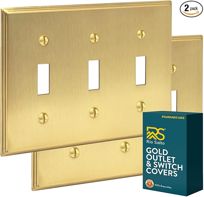 Rio Salto Toggle Light Switch Cover Plate Triple Toggle Flip Switch Outlet Covers 3 Gang BRASS Brushed Brass Gold Metal — Deco Collection, Standard Size 4.50" X 6.33"