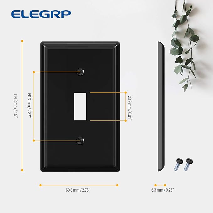 ELEGRP Toggle Light Switch Wall Plate, 1-Gang Standard Size Switch Covers, Unbreakable Polycarbonate Replacement Faceplates Covers, UL Listed, Color-matched Screws Included (1 Pack, Glossy Black)