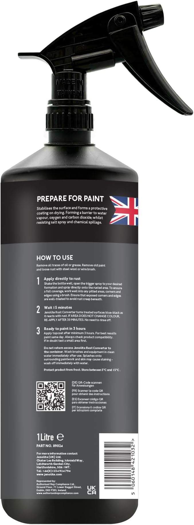 Jenolite Rust Converter Trigger Spray for Metal 1 Liter (33.8 fl oz). All In One Fast‑Acting Water‑Based Rust Reformer, Primer & Inhibitor in One. Converts Rust to a Paint‑Ready Surface. Made in Britain.