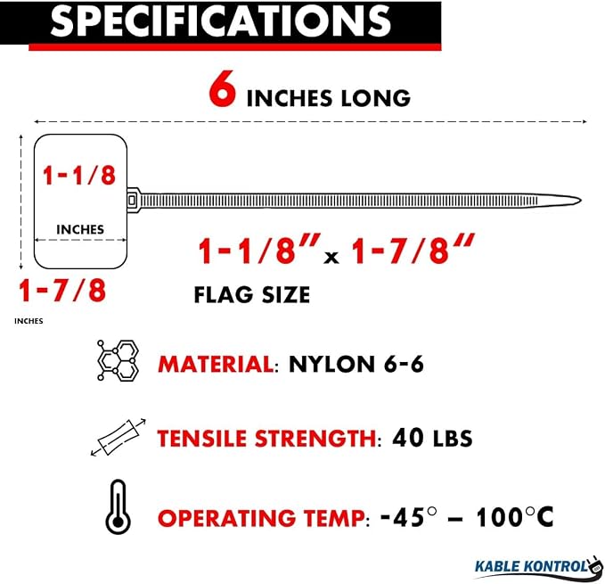Kable Kontrol Write-On Flag Identification Zip Ties 6 Inch 5000 Pcs – Red | Cable Markers 1‑7/8" x 1‑1/8" Writable Wide Flag Self‑Locking Nylon Marker Cable Ties for Cable Labeling