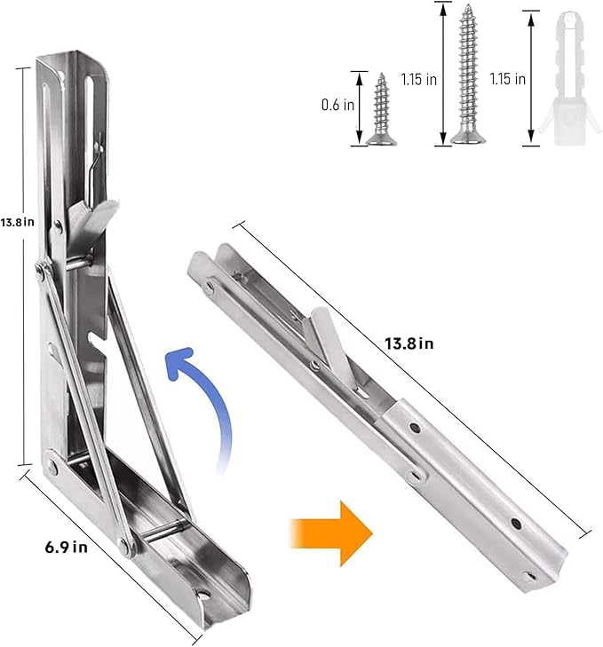 Folding Shelf Brackets 14 inch 2 Pcs Max. Load 330lb - Heavy Duty Stainless Steel DIY Wall Mounted Collapsible Shelf Bracket, Space Saving for Garage Workstation, Stuff Supports, Table, Workbench