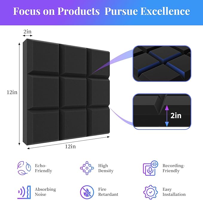 JBER 24 Pack 2" X 12" X 12" Acoustic Foam Panels,Soundproofing Wall Studio Foam Panels Wedges,Sound Insulation Absorbing Acoustic Treatment,9 Blocks Beveled Square Fireproof Design - Black