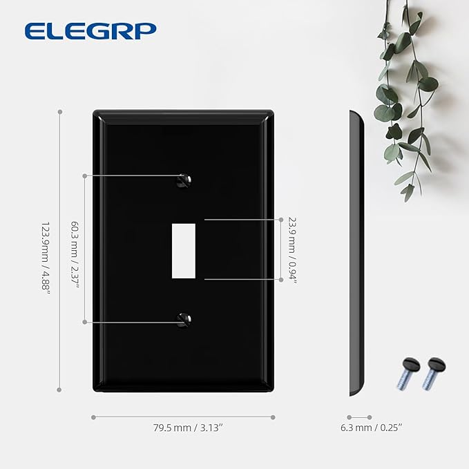 ELEGRP 1-Gang Mid Size Toggle Switch Covers, Light Switch Wall Plate, Unbreakable Polycarbonate Replacement Faceplates Covers, UL Listed, Color-matched Screws Included (2 Pack, Glossy Black)