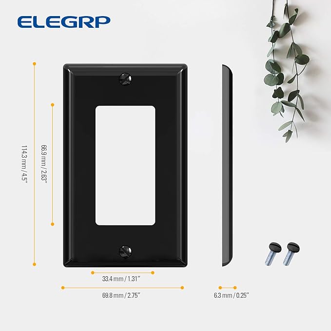 ELEGRP Decorative Receptacle Wall Plate, 1-Gang Standard Size Decorator Covers, Unbreakable Polycarbonate Faceplates for Decorator Device, UL Listed, Screws Included (50 Pack, Glossy Black)
