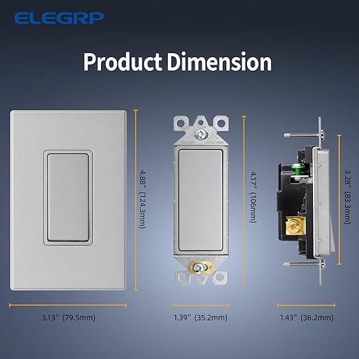 ELEGRP Matte Gray 3 Way Decorator Light Switch, 15A 120-277V, Paddle Rocker Switch Replacement, On/Off Wall Switch, Self-Grounding, Residential Grade, with Mid Wall Plate, UL/CUL, 5 Pack