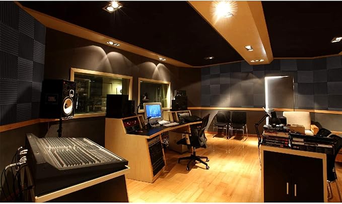 Focusound 52 Pack Grey Acoustic Foam Panels 1" x 12" x 12" Sound Proof Foam Panles Soundproofing Noise Cancelling Wedge Panels for Home Office Recoding Studio with 300PCS Double-Side Adhesive