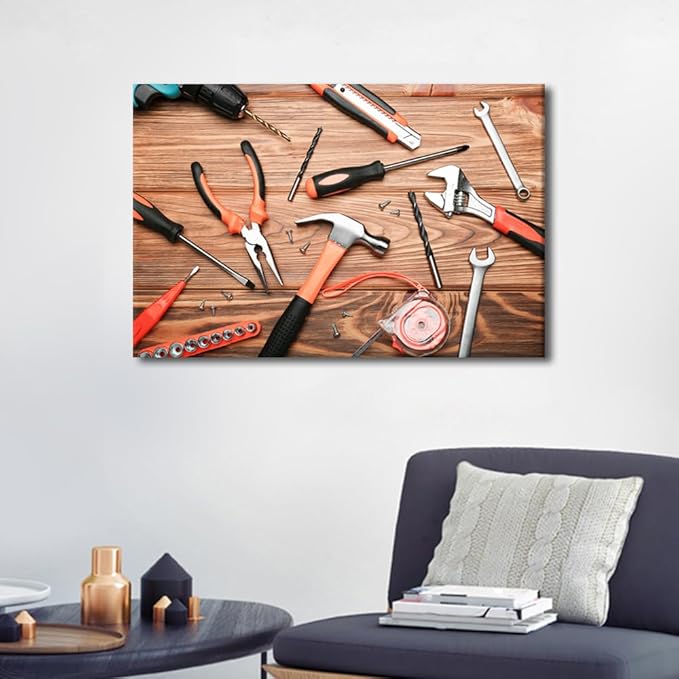 Large Wall Decor For Living Room 1 Piece Wooden Table Old Tools Canvas Wall Art Screwdriver Gloves Pictures Print Artwork for Repair Shop Decor Wooden Framed Gallery Artwork Gifts (24" Wx36 H)