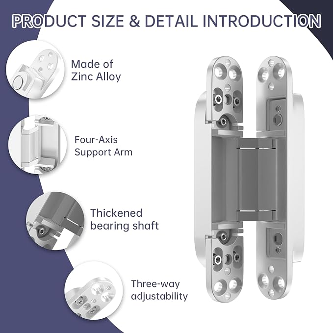 4-Pack 7 inch Hidden Hinges for Doors Invisible Hinges Concealed Zinc Alloy 180 Degree Swing 3 Way Adjustable Butt Silent Door Hinge 7 x 2.8 x 1 inch (White)