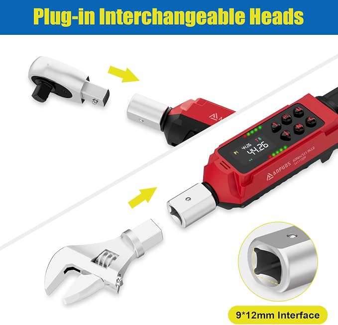 Adjustable Digital Torque Wrench, 0.66-44.29 Ft.lb, ±1% Accuracy | 0.9-60 Nm, 35mm Jaw & 3/8" Ratchet, 9×12mm Open End, Vibration, Buzzer and LED Indicator for for HVAC, Motorcycle, Plumbing