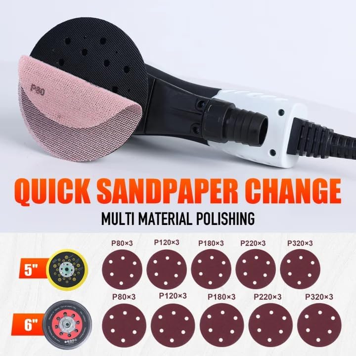 Autolock Electric Random Orbital Sander, 350W Brushless Motor with 5 & 6 Inch Pads, 10000RPM Palm Sander for Woodworking, Sanding and Polishing (1pcs)