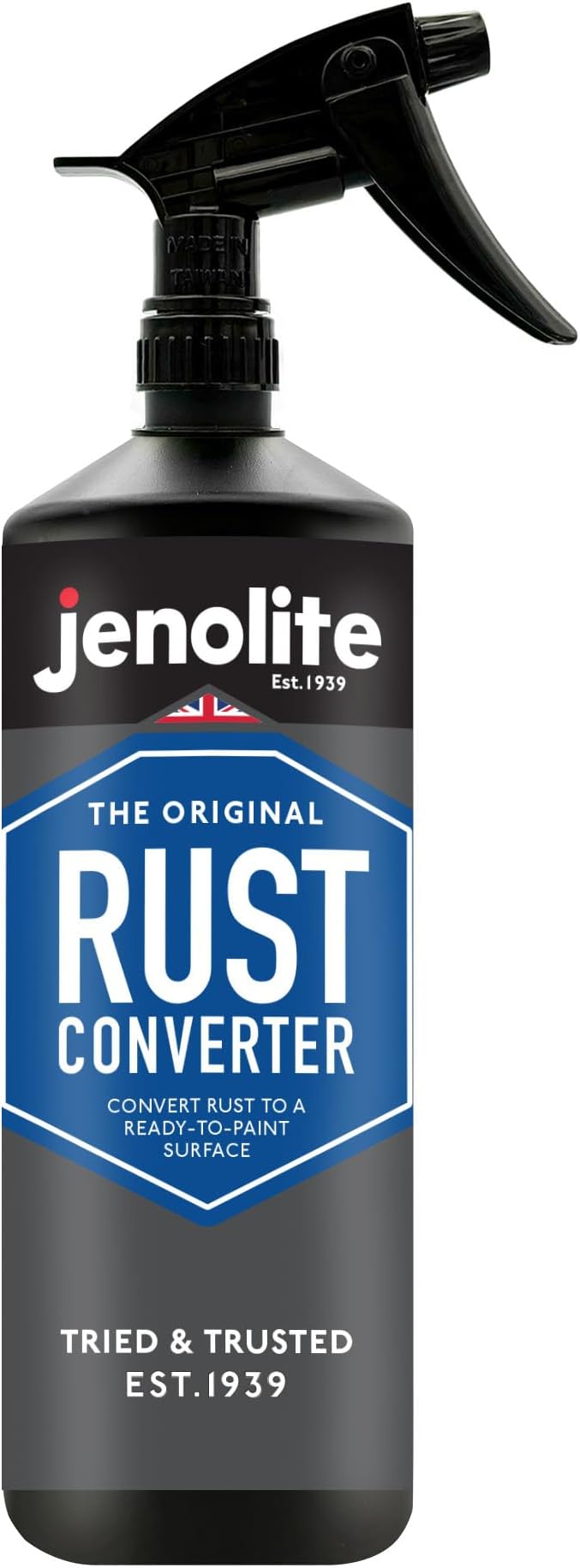 Jenolite Rust Converter Trigger Spray for Metal 1 Liter (33.8 fl oz). All In One Fast‑Acting Water‑Based Rust Reformer, Primer & Inhibitor in One. Converts Rust to a Paint‑Ready Surface. Made in Britain.