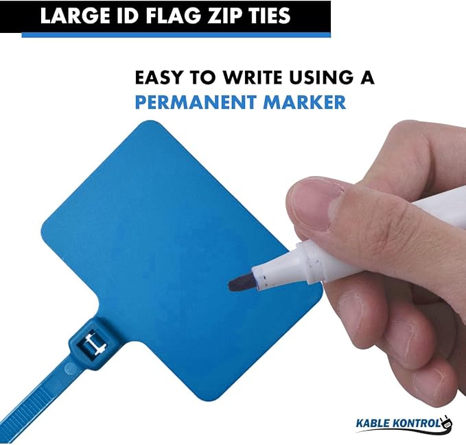 Kable Kontrol Cable Marker Identification Zip Ties 9 Inch 100 Pcs – Blue | Large ID Flag Label Straps, Self-Locking Write on Tags for Ethernet, Power, and Cord Labeling