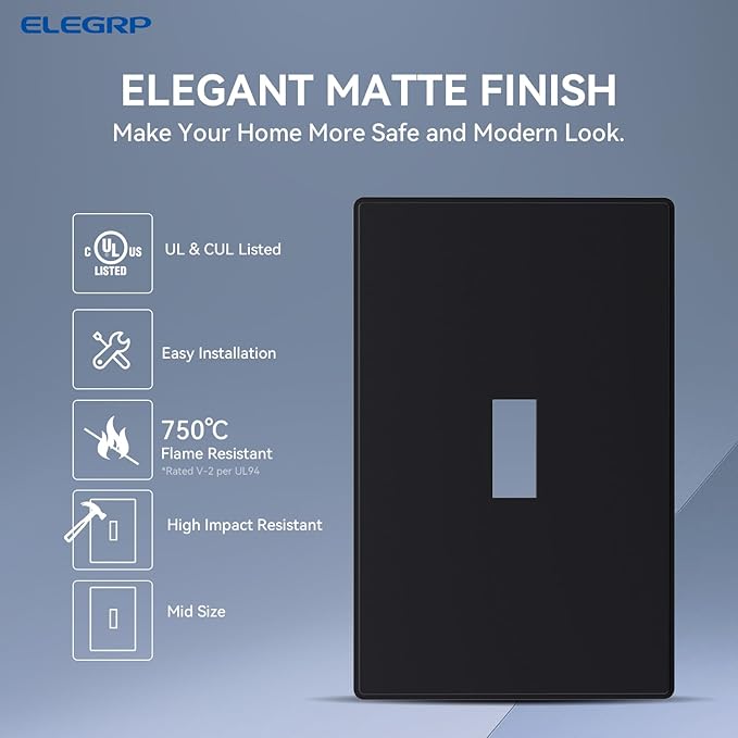 ELEGRP 1-Gang Screwless Toggle Switch Wall Plates, Mid-Size Unbreakable Thermoplastic Faceplate Cover for Wall Switch & Toggle Dimmer Switch, UL Listed (2 Pack, Matte Black)