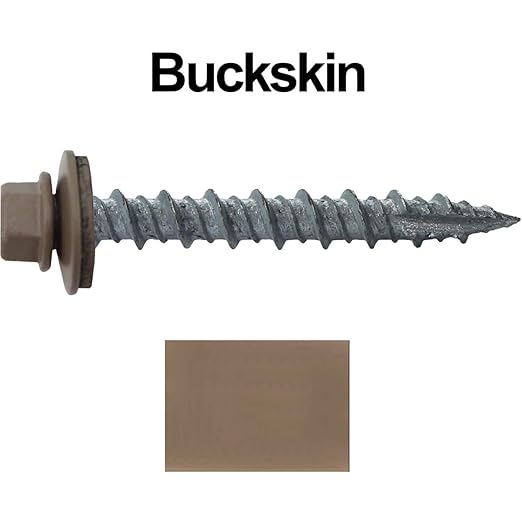10 x 1-1/2" Buckskin Metal Roofing Screws - Hex Washer Head- Self-Starting/Tapping - EPDM Washer. 1 x 250 Count Bag - 250 Screws