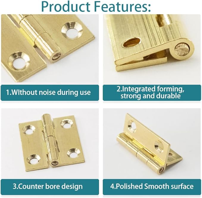 6Pcs 1 Inch Butt Hinge, Mini Cabinet Hinges, Rectangle Brass Folding Butt Hinges, Small Jewelry Box Butt Hinge, Gold