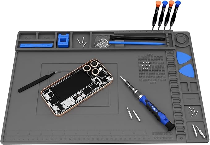 STREBITO Soldering Mat Electronics Repair Mat, Solder Pad Heat Resistant 932°F, Magnetic Work Mat Silicone Pad for Soldering, Computer, Laptop, Cell Phone, RC, Watch, Gun, Size 17.7" x 11.8" (Grey)