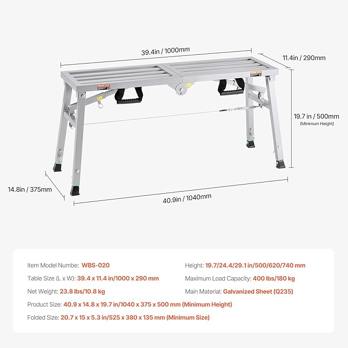 VEVOR Work Platform, 39"x 12" Portable Scaffolding Platform, Folding Steel Step Ladder Adjustable Height 19.7”-29.1”, 400 lbs Load Capacity, Non-Slip Drywall Painting Stool for Cleaning &Washing