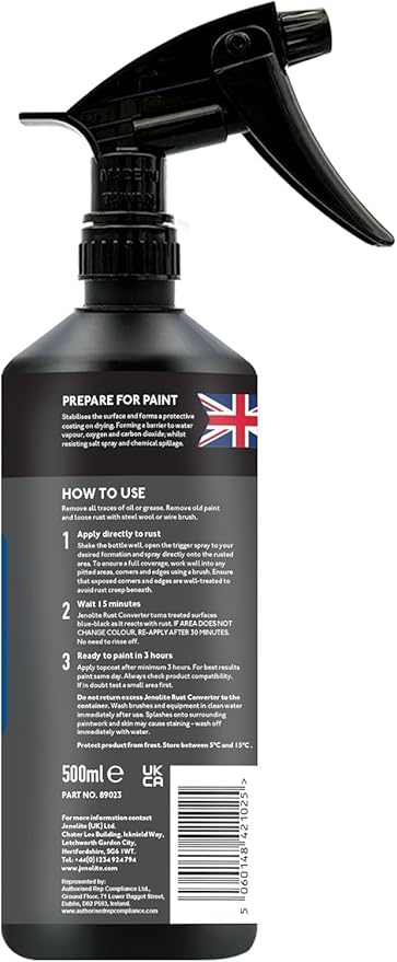 JENOLITE Rust Converter Trigger Spray for Metal 500 ml (16.9 fl oz) All In One Fast‑Acting Water‑Based Rust Reformer, Primer & Inhibitor. Converts Rust to a Paint‑Ready Surface. Made In Britain.