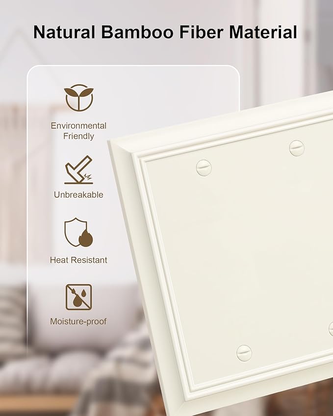 2-Pack Double Blank Wall Plate, Durable Natural Bamboo Fiber Wall Plate Cover,Light Almond 1 Gang Wall Plate for Unused Outlets/Switches