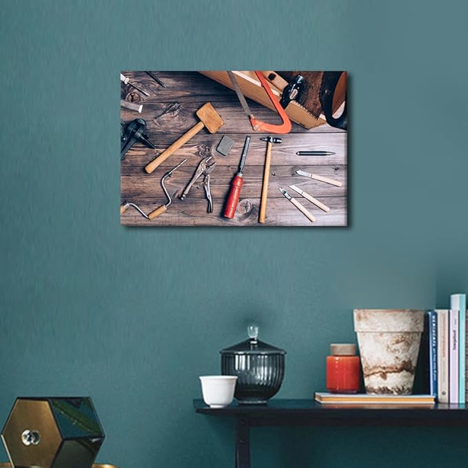 1 Panels Canvas Wall Art Instruments on Wooden Table Background Picture Hammer Cutter Utensil Poster Framed Artwork for Home Living Room Bedroom Wall Decor Ready to Hang (12" Wx18 H)