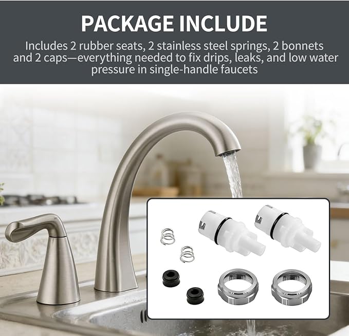 RP71233 Faucet Repair Kit Includes 2 Rubber Seats, 2 Stainless Steel Springs, 2 Bonnets, 2 Caps for Common Single-Handle Faucets