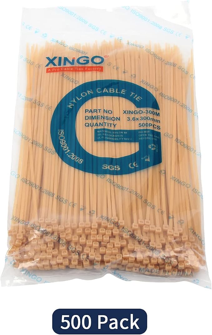 XINGO Nylon Cable Zip Ties Self Locking Plastic Wire Ties with 40 Lbs Tensile Strength for Indoor and Outdoor 12 Inch 500 Pack Gold