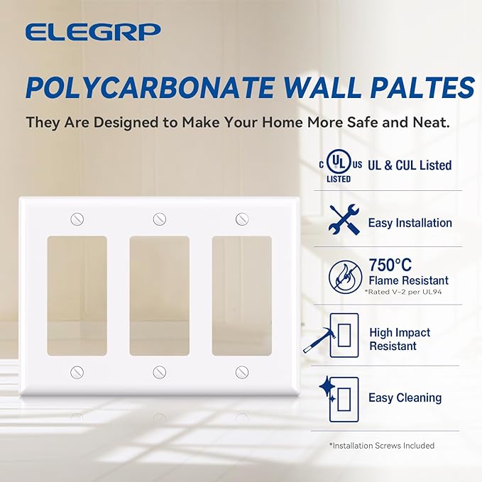 ELEGRP 3-Gang Decorative Wall Plates, Standard Size 4.53" H x 6.39" L Unbreakable Thermoplastic Faceplate Cover for Decorator Receptacle Outlet Switch, UL Listed (5 Pack, Glossy White)