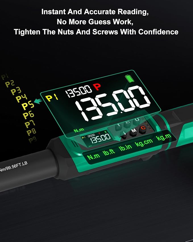 Uharbour 3/8" Digital Torque Wrench 1.5-99.5ft-lbs/6.8-135Nm | ±1% Accuracy Electric Wrench, Dual Direction Ratchet, Vibration & LED Alert