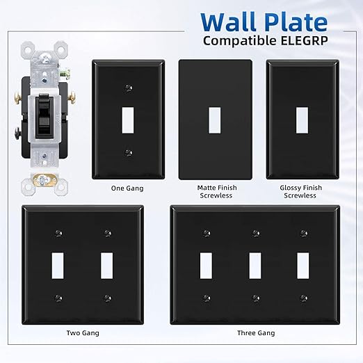 ELEGRP 3 Way Toggle Light Switch, 15 Amp, 120 V, Toggle Framed AC Quiet Switch, in Wall On/Off Switch Replacement, Self-Grounding, Residential and Commercial Grade, UL Listed (5 Pack, Glossy Black)