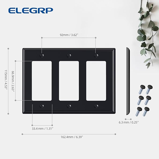 ELEGRP 3-Gang Decorative Wall Plates, Standard Size 4.53" H x 6.39" L Unbreakable Thermoplastic Faceplate Cover for Decorator Receptacle Outlet Switch, UL Listed (5 Pack, Glossy Black)