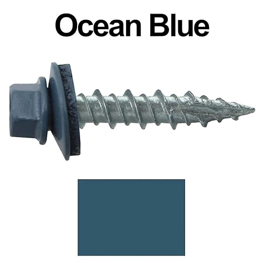 10 x 1 Ocean Blue Metal Roofing Screws - Hex Washer Head- Self-Starting/Tapping - EPDM Washer. 10 X 250 Bags - 2,500 Screws