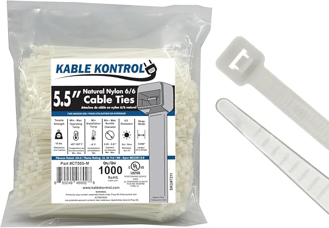Kable Kontrol Cable Zip Ties Natural White 1000 Pcs 5.5 Inch, 18 Lbs Tensile Strength, Self-locking Natural Nylon Clear Plastic Wire Ties wraps for Indoor or Outdoor Use